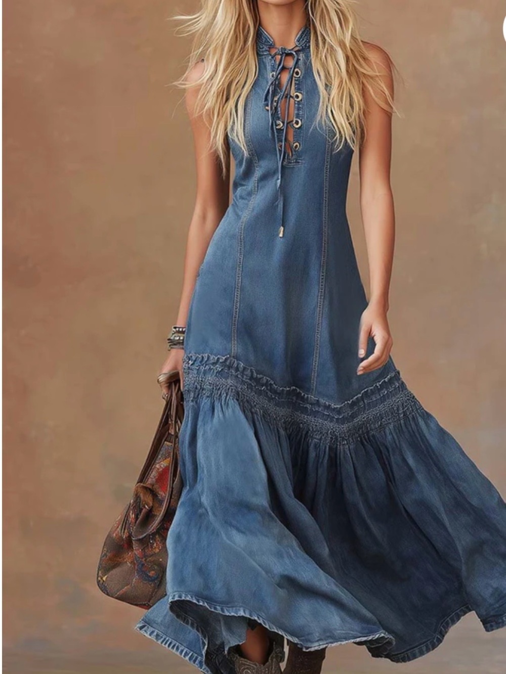 NEW Oyrosy Elegant Vintage Western Tie-neck Sleeveless Bubble Denim Maxi Dress